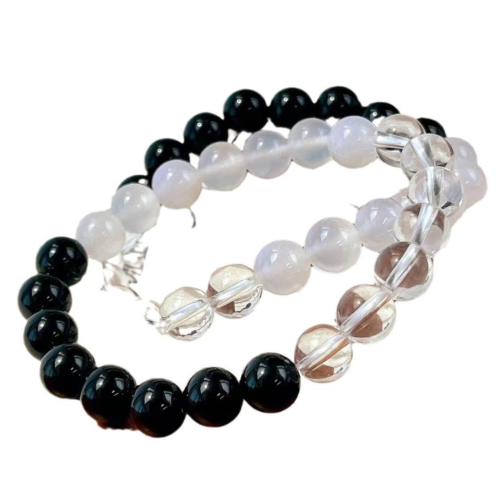 Vintage Maillard Style Natural White Crystal Black Agate White Chalcedony Bracelet