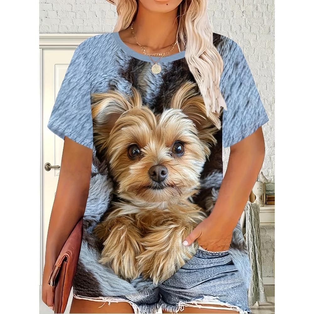 Plus Size Casual Crew Neck Short Sleeve Cat Animal Print T-Shirt - Soft Stretch Polyester Fabric Spring and Summer Womens Relaxed Fit Clothing