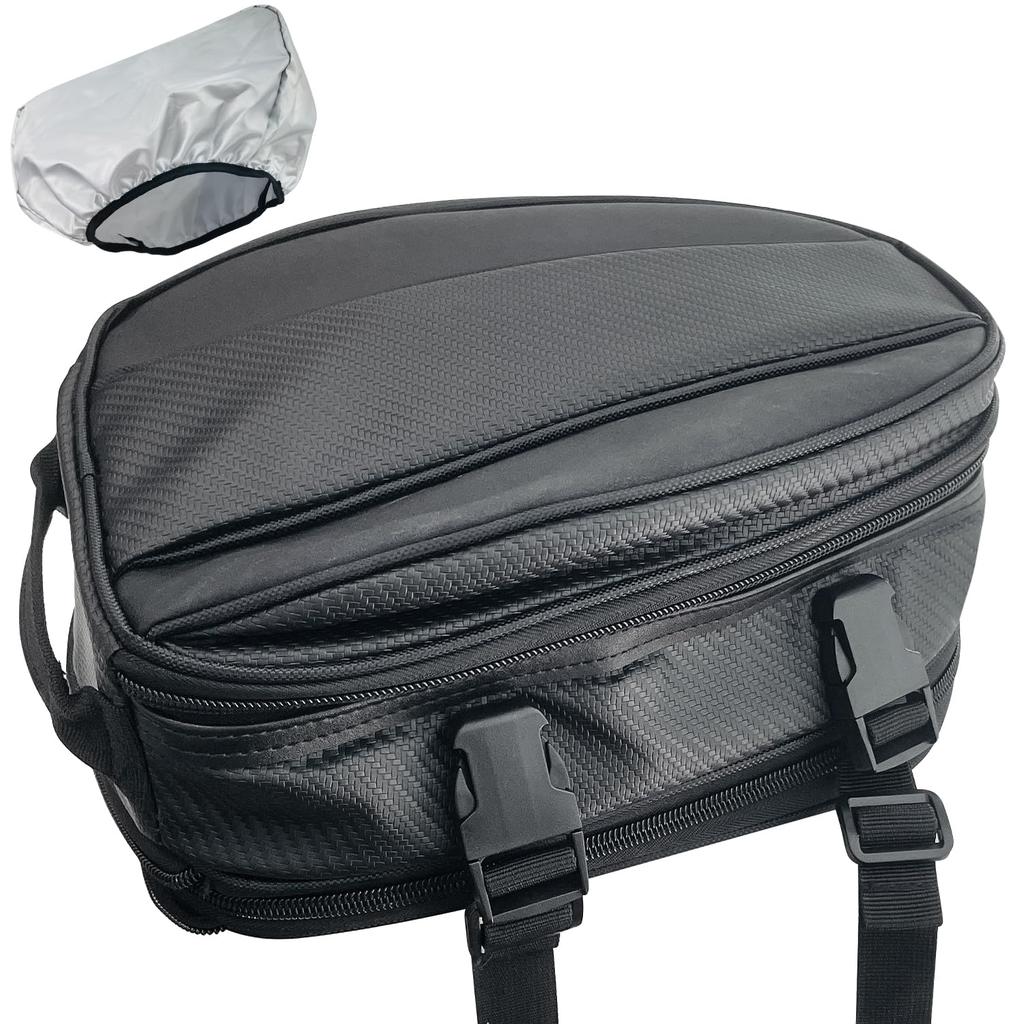 Socpuro Motorcycle Seat with Rain Small Touring Adjustable Capacity Up To Shell Seat Nylon PU Tail Compact Motorcycle Bag with Fixed and Durable Bag,