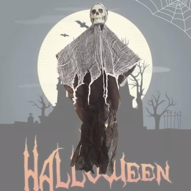 Läskig Halloween-dekoration Hängande spökskalle med gasväv För spökhus Läskig rekvisita