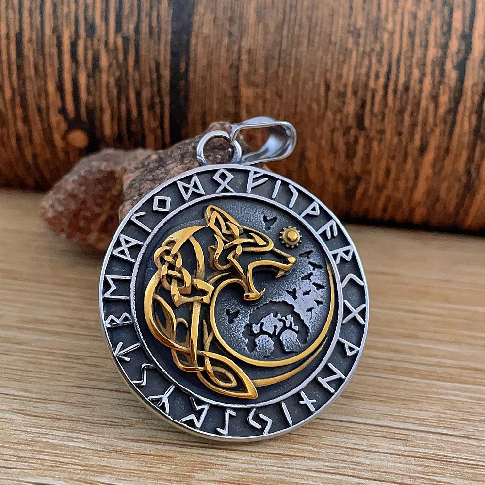 Nordic Viking Wolf Head Rune Titanium Steel Pendant Men's Long Fashion Stainless Steel Necklace
