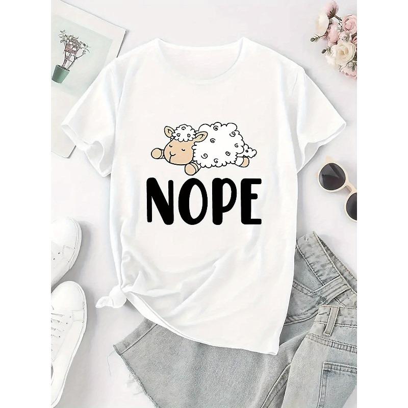 European Size Women's Sheep Print Casual T-Shirt - Soft Stretch Round Neck Short Sleeve Blouse Sheepwear Top, Machine Washable Summer