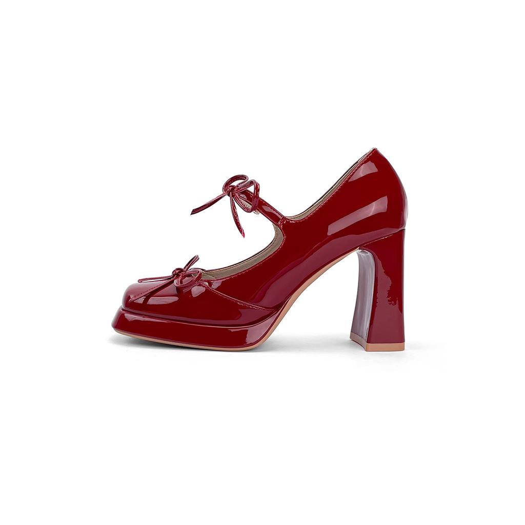 New small Mary Jane high heels thick heel temperament high sense square head bow lita small leather shoes women