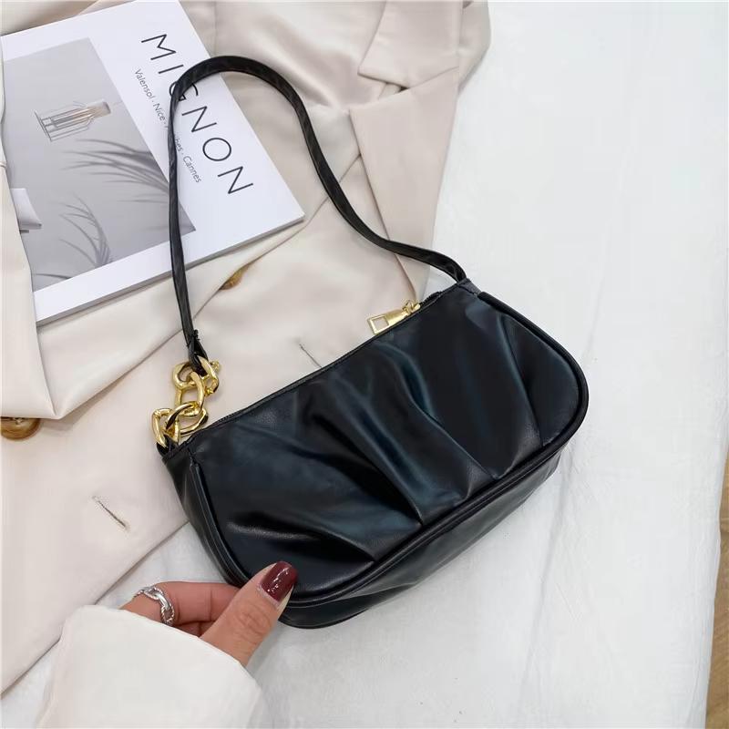 

Vintage Women Pleated Thick Chain Shoulder Underarm Bag Casual Fashionable Ladies Small Handbag Purse Pure Color Square Bags чёрный