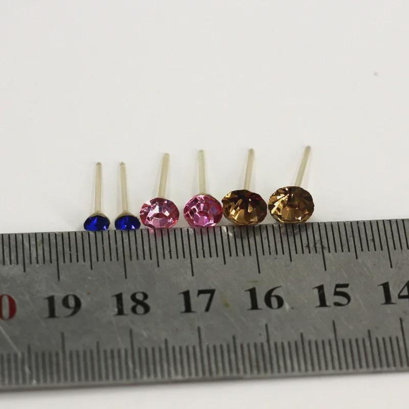 Mixed Color & Size Rhinestone Earrings Set (100 Pairs) with Plastic Needles, Sizes 4mm, 6mm, 7mm