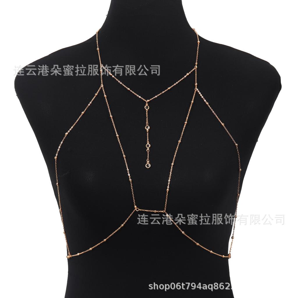 Cross-border Jewelry Body Chain European and American Sexy Exaggerated Beach Casual Flash Diamond Pendant Fringed Alloy Chest Chain