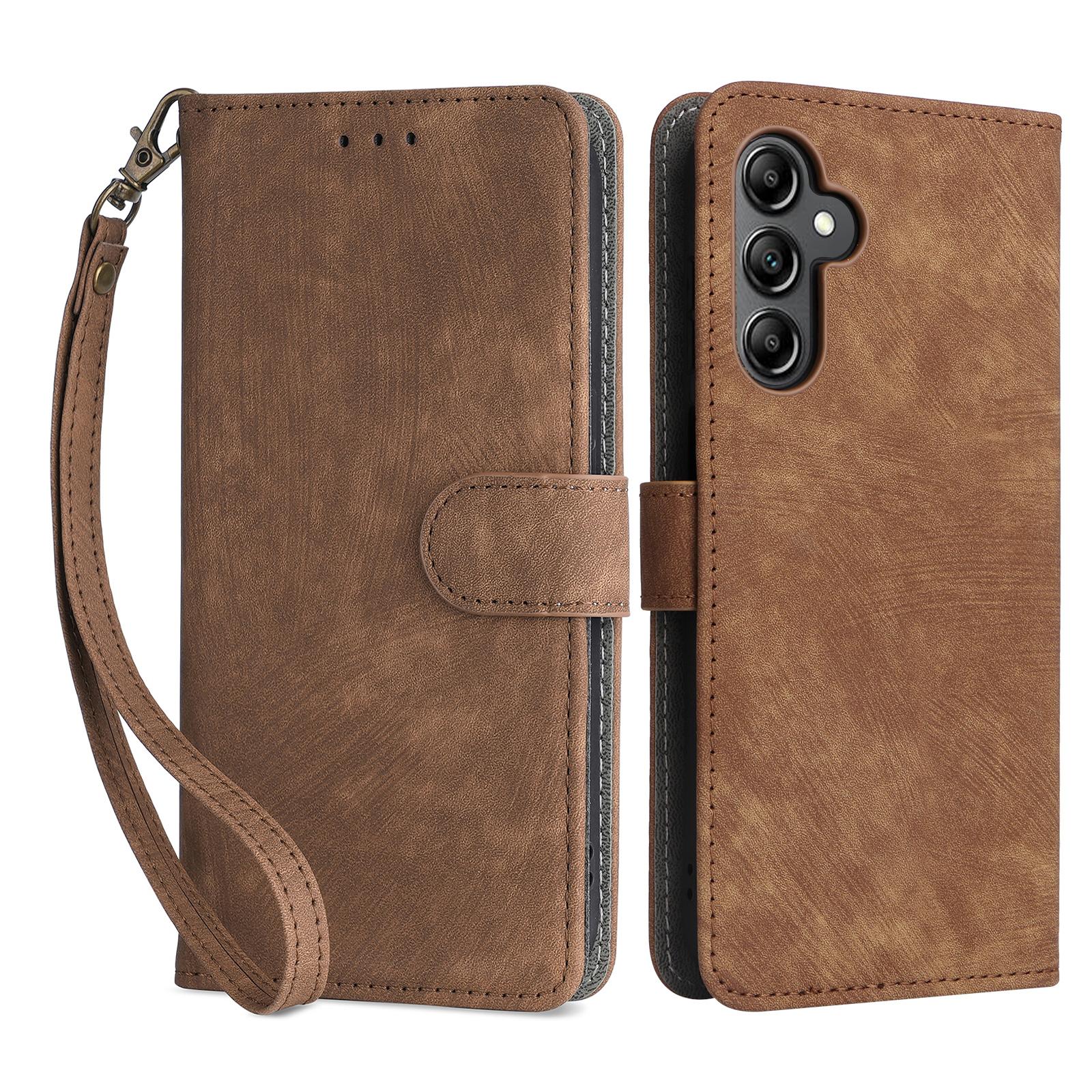 

For Samsung Galaxy A15 5G/4G Case RFID Blocking Phone Stand Cover Card Pouch with Hand Strap Brown