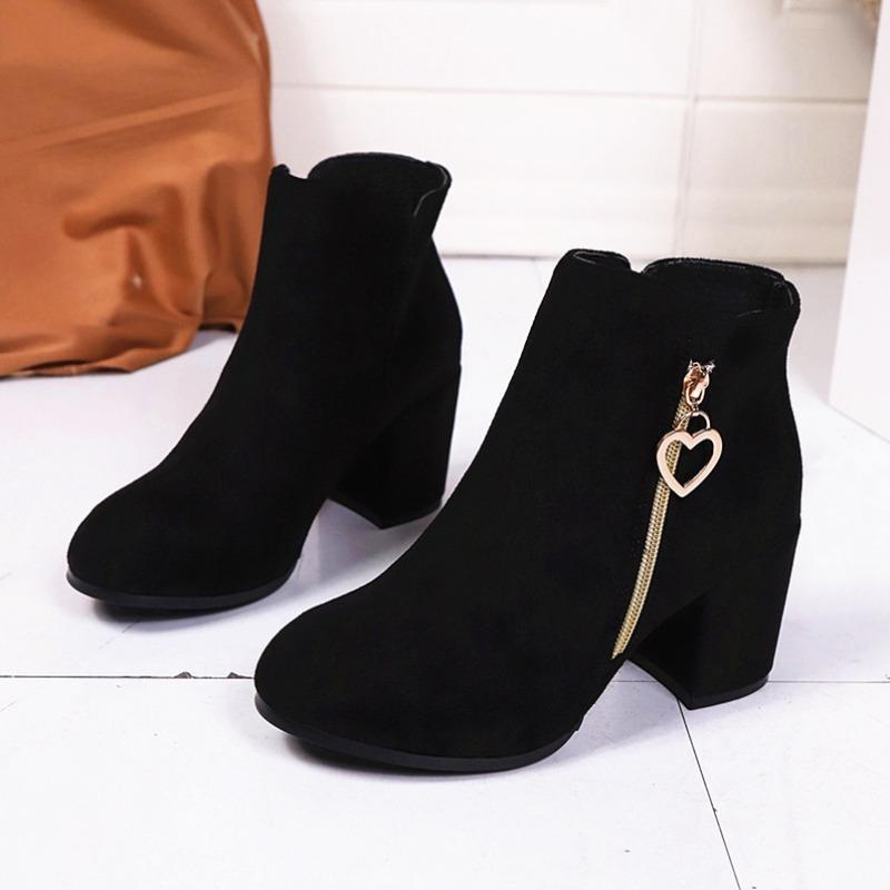 Foreign trade large size high-heeled short suede Martin boots women's autumn and winter new round head thick heel side zipper short boots