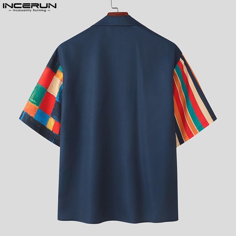 INCERUN Summer Oversized Men Lapel Striped Plaid Print Buttons Up Casual Hawaiian Shirts