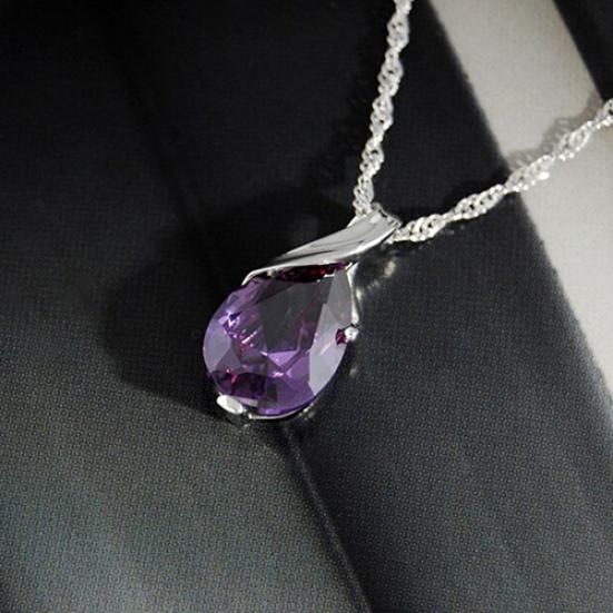 Women's Purple Zircon Teardrop Pendant Chain Choker Necklace Noble Jewelry Gift