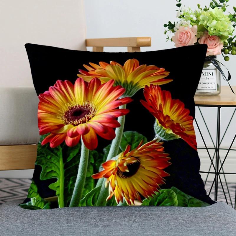 Neuankunft Gerbera Blumenkissenbezug Schlafzimmer Home Office Dekorative Kissenhülle Quadratisch Reißverschluss Kissenbezüge Satin Weich Kein Ausbleichen