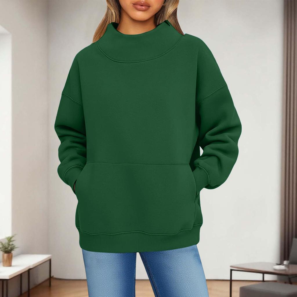 Damen Modisch Lässig Einfarbig Rundhals Langarm Tasche Sportlich Lässig Pullover Sweatshirt Top