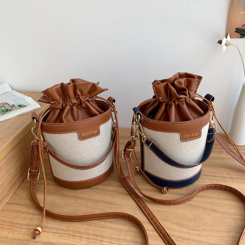 Vintage Color Block Bucket Bag Trendy Shoulder Purse Fashion Round Cylinder Crossbody Handbag for Women CLE