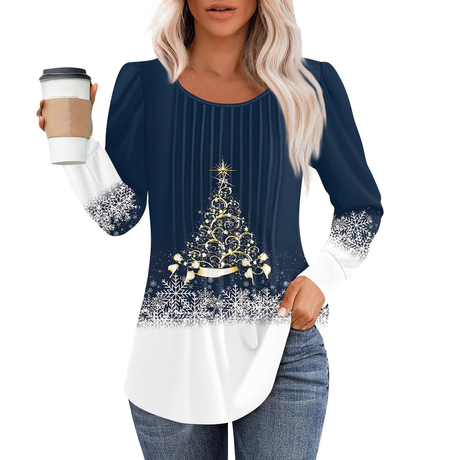 

Рубашки с длинным рукавом для женщин, топы, нарядные повседневные блузки с рождественским принтом, плиссированные туники с круглым вырезом XL