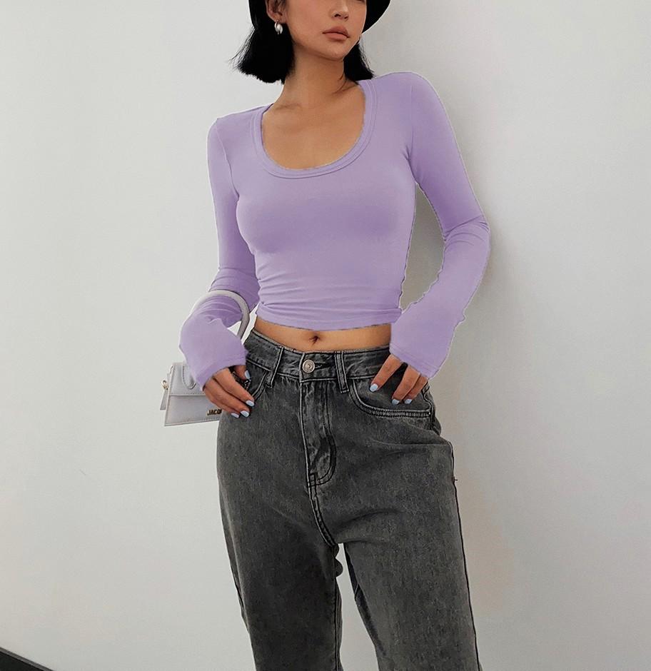 

Весенне-осенняя женская блузка с коротким круглым вырезом, модные универсальные повседневные топы с длинными рукавами L фиолетовый