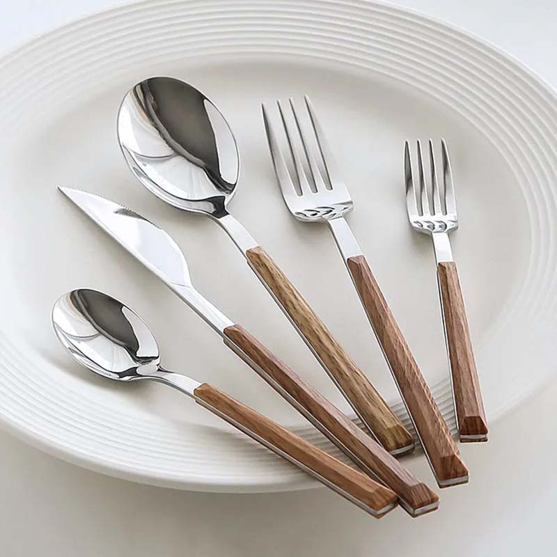 Imitation Wood Handle Stainless Steel Flatware Set Knife Fork Spoon Teaspoons 5 Pieces Set Korean Ins Kitchen Tableware Set Home Party Dinnerware Set