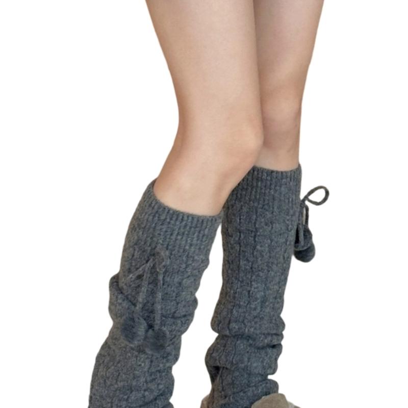 Fashionable Plush Balls Bows Adorned Leg Warmers for Women's Cable Knitted Stretchy Leg Covers Sleeves Calf Socks