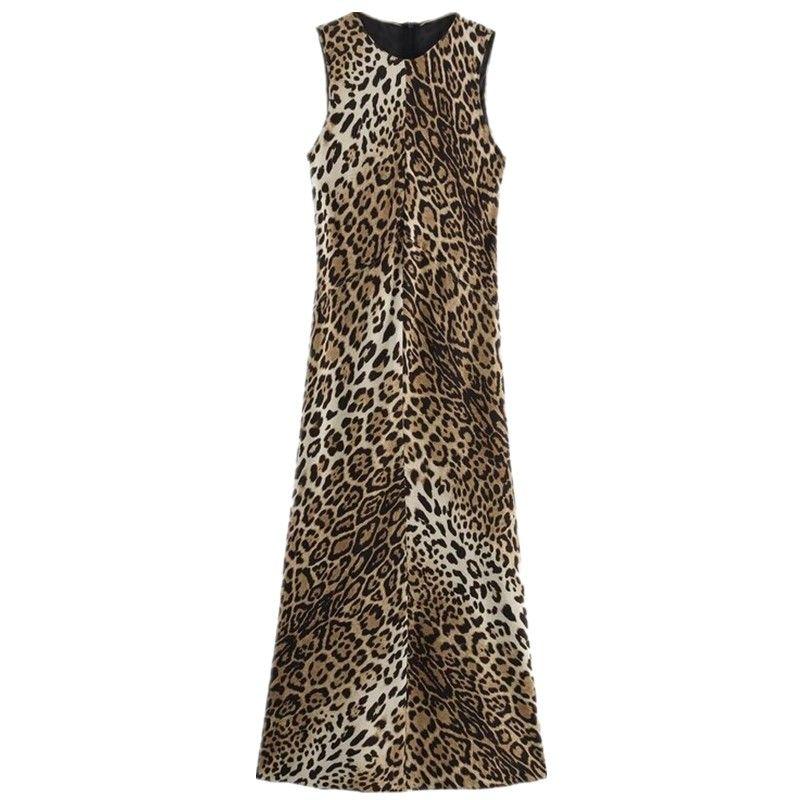 Fashion Style 2024 Autumn New Women's Leopard Print Sleeveless Silk Satin Texture Mid Length Long Length Dress 8404002