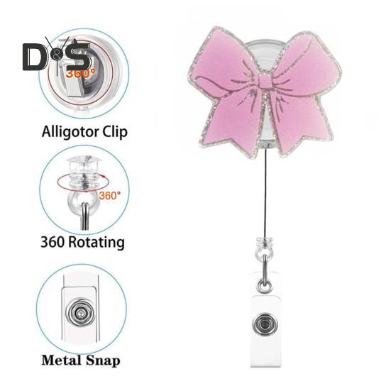Bow Badge Reel for ID Card Badge 360 Degree Rotation Clip Sparkling Non-Slip Retractable Badge Holder Clip for Doctor Nurse Medical Staff Office