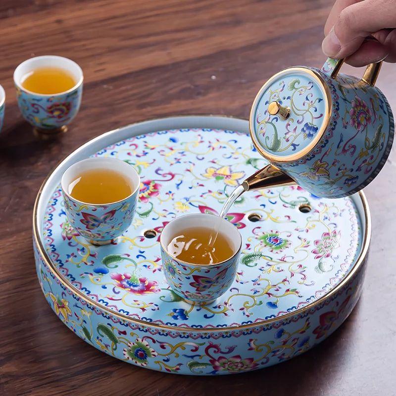 Qian Yu Enamel Ceramic Tea Set with Stone Tray