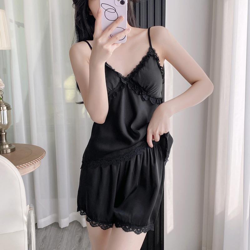 2025 Sexy Damen-Eisseiden-Pyjamaset: Einfarbiges Camisole & Shorts für den Sommer
