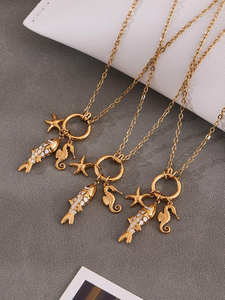 Gold-Plated Stainless Steel Fish Pendant Necklace - Ocean Style Jewelry