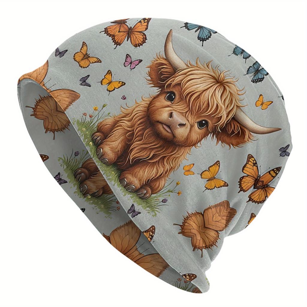Highland Cow Butterflies Print Skull Cap Beanie Hat Unisex Hip Hop Fashionable Design Soft Durable Fabric Whimsical Animal