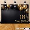 1 banner plat 2D, banner pentru a 18-a aniversare cu 18 baloane - fundal de petrecere auriu și negru, cu text happy birthday