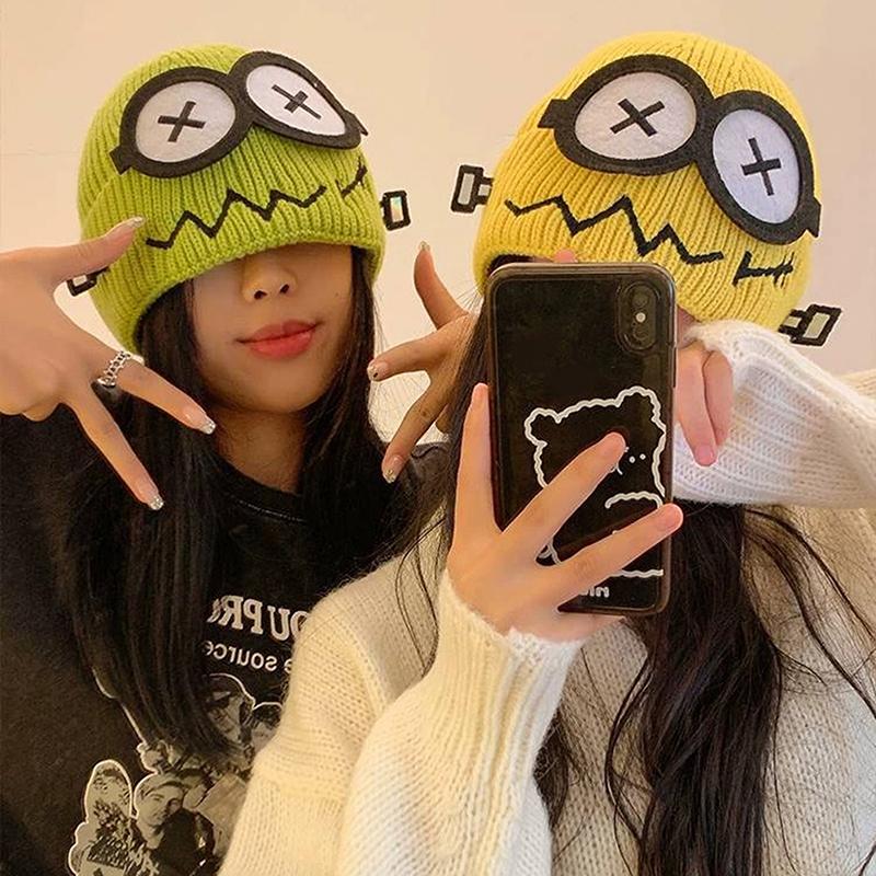 Cute Cartoon Cuff Beanie Cap Women'S Candy Color Big Eyes Smile Skullies Hat Fashion Streetwear Student Warm Winter Knitted