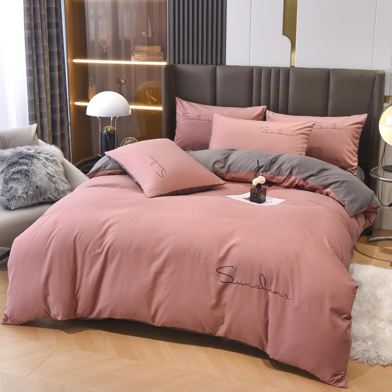 Solid Color Embroidery Simple Grinding Four-piece Set European Solid Color Embroidery Quilt Cover Bed Sheet Bedding