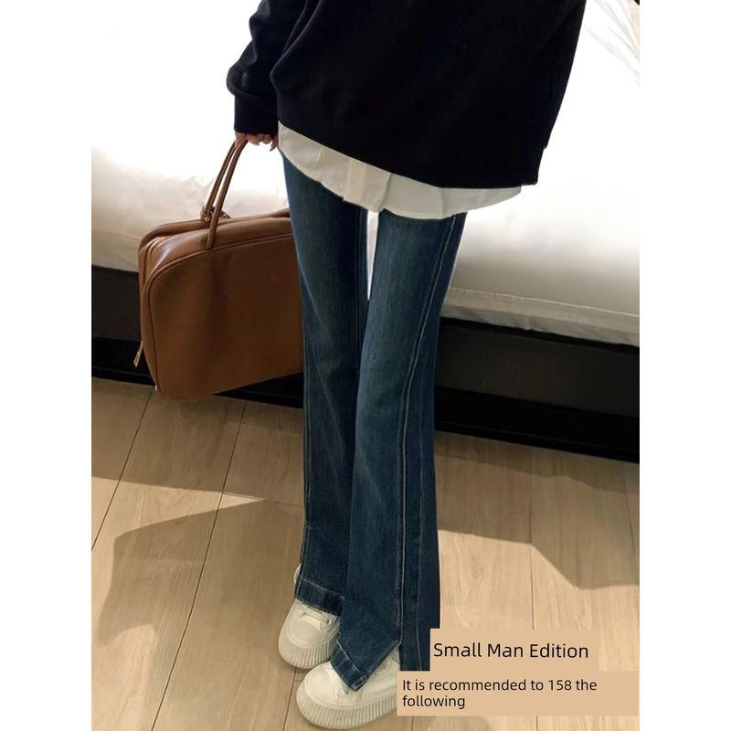 Dark Blue Slit-Flare Jeans for Women, New Spring Style for Plus-Size Girls, Pear-Shaped Body, High-Waisted, Slimming Flared Pants Deep Blue, Petite Fit 2XL