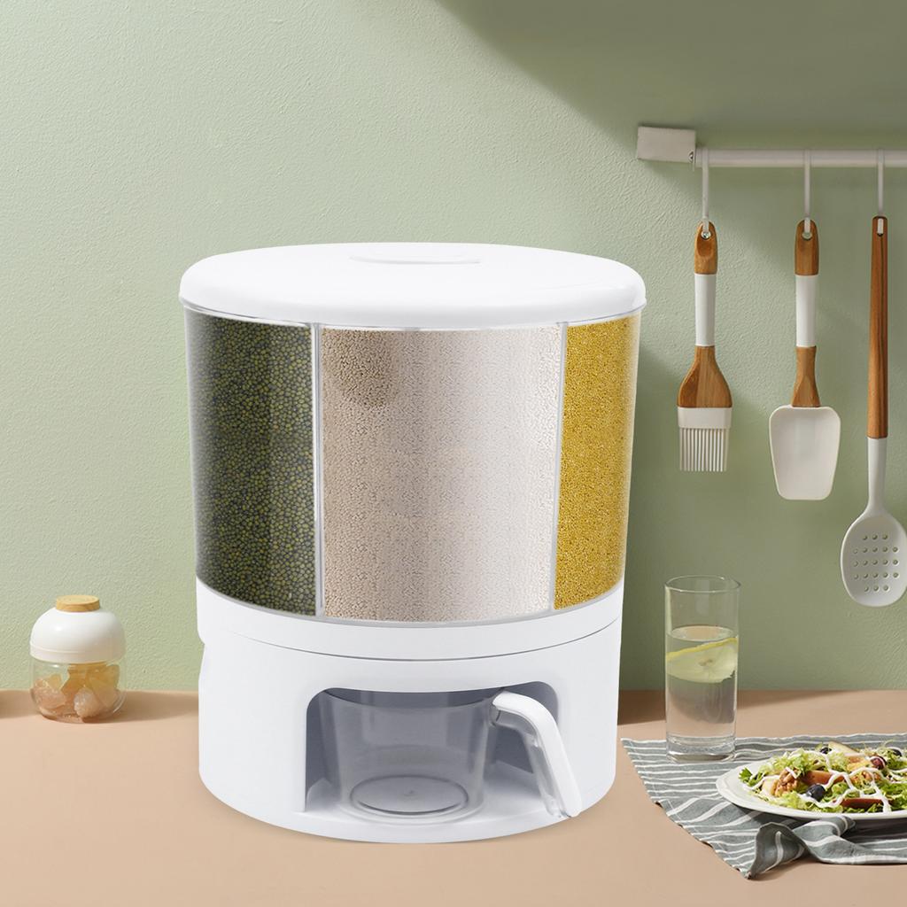 360° Rotating Grain Dispenser for Rice, Beans, Seeds – 11KG Large Capacity White Kitchen Storage Container with Measuring Cup