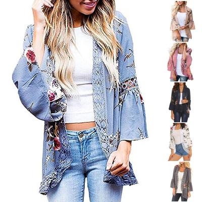 Damen-Kimono-Cardigan mit Blumenmuster, lockeren Glockenärmeln, Spitzen-Patchwork-Cover-Up-Bluse