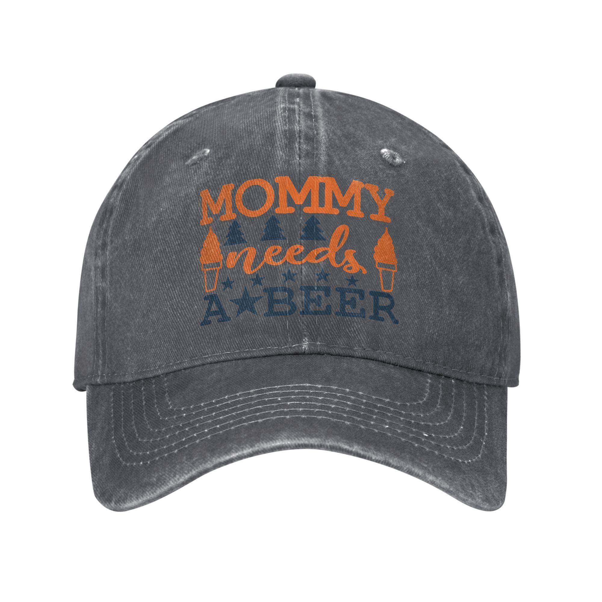 Mommy Needs A Beer Funny Print Washed Baseball Cap Casual Cotton Adjustable Headwear for Moms One Size