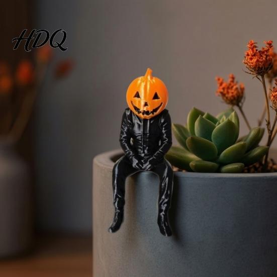Spooky Home Decorations 3D Printed Pumpkin Head Sitting Figurine, Halloween Funny Gentleman Seasonal Room Decoration, Miniature Statue Desktop