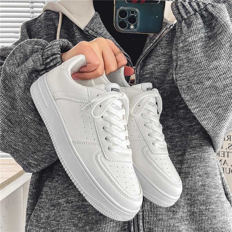 Men's White Leather Platform Sneakers Lace-Up Casual Low-Top Skate Shoes
