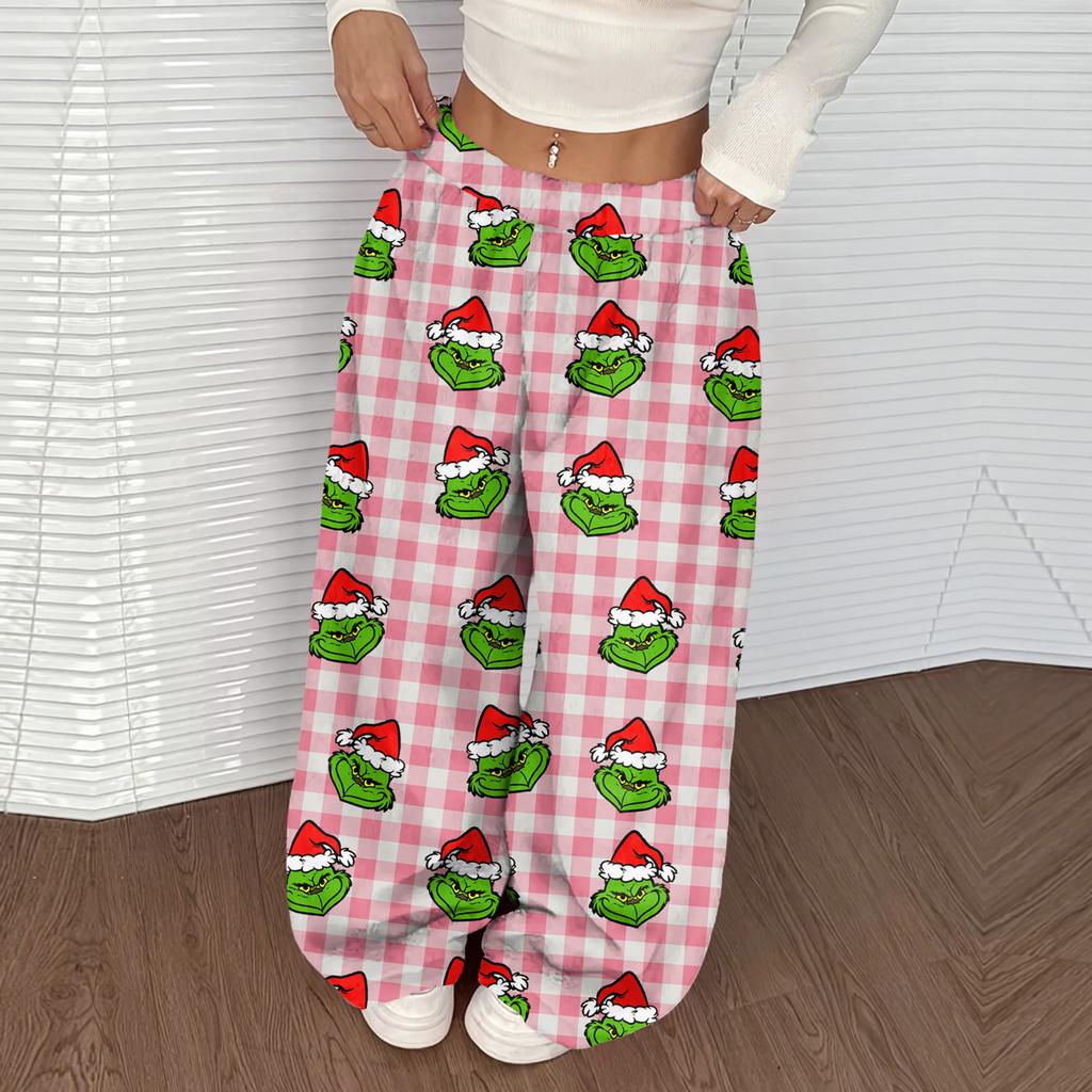 Damen Casual Weihnachten Print Elastischer Bund Lockerer Schnitt Mit Plüsch Weites Bein Hose
