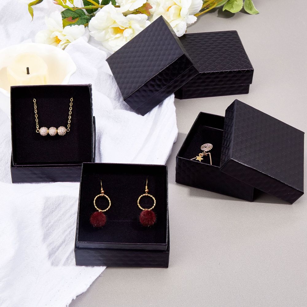 12pcs Cardboard Jewelry Boxes for Pendant & Earring & Ring with Sponge Inside Square Black 7.5x7.5x3.5cm