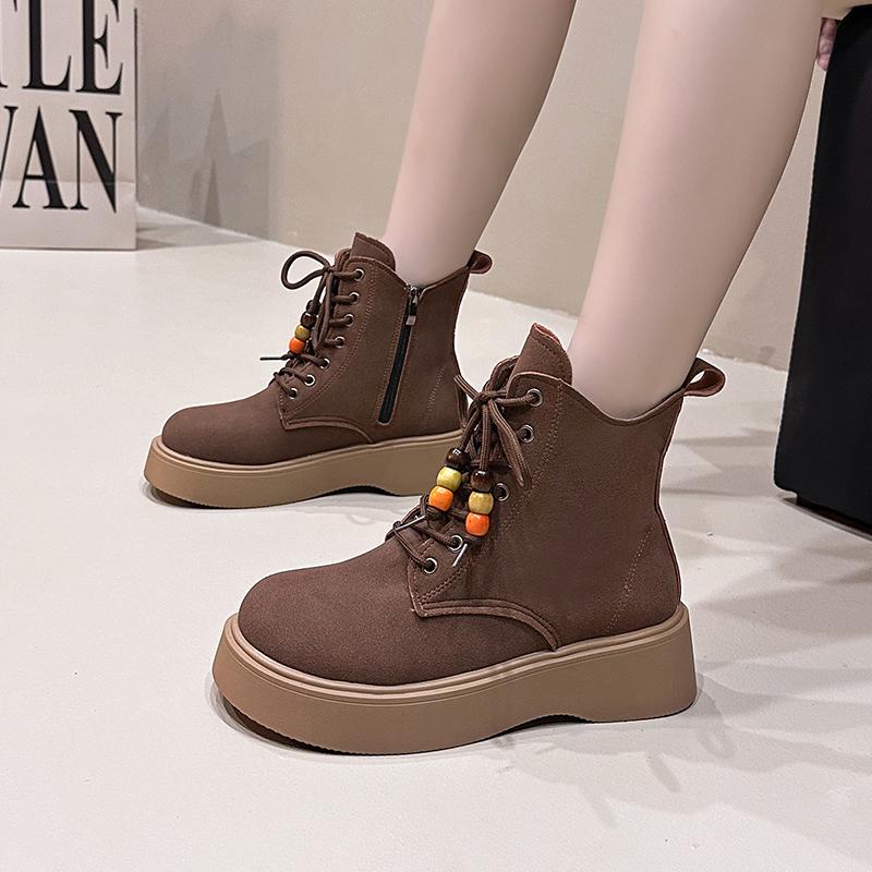 2025 Neue Damen Stiefel mit dickem Absatz Frühling Herbst Hohe Qualität Wildleder Runde Zehe Handgefertigt Retro Klobige Plateau Stiefeletten Dame