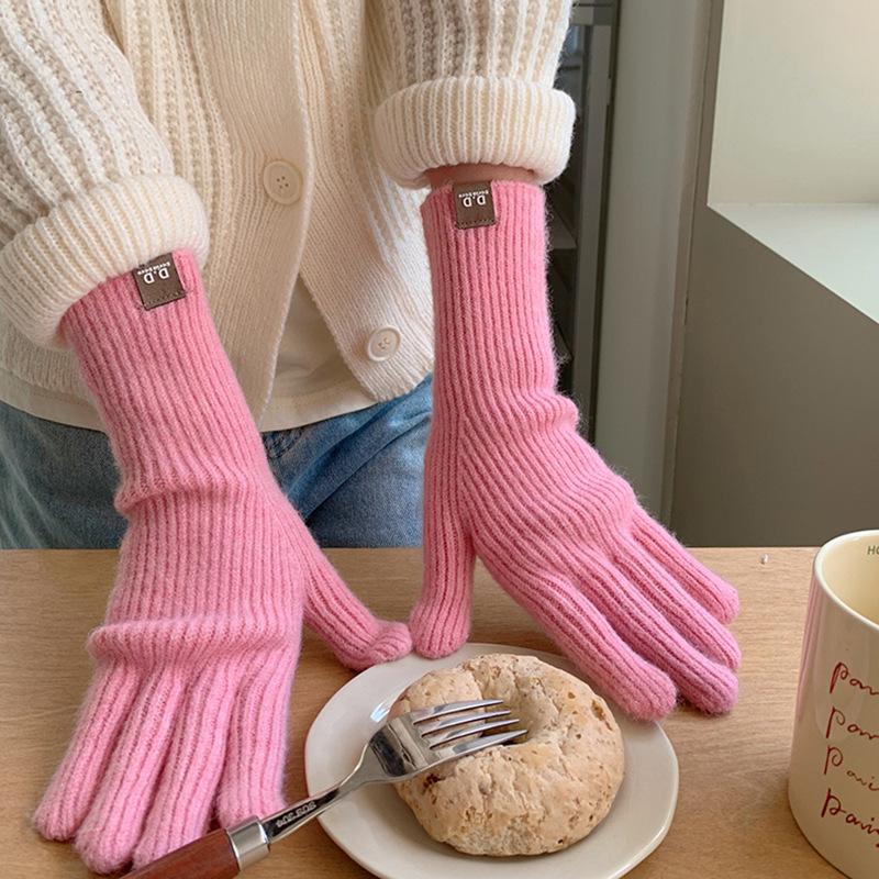 Extended Solid Color Versatile Knitted Gloves Female Student Finger Warm Gloves Male