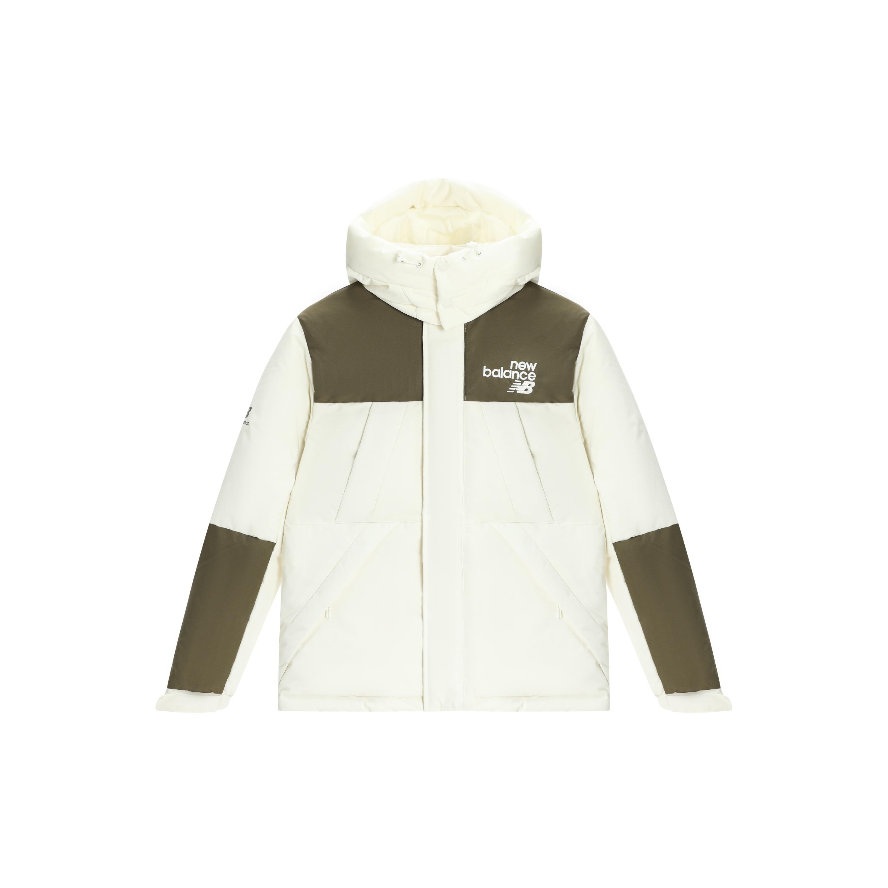 New Balance Windproof Hooded Down Jacket Asia Sizing White Olive Green Unisex AMJ24377-CIC M