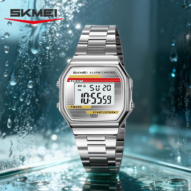 SKMEI 2514 Fashion Casual Men's Digital Watch Steel Strap Waterproof Small Square Dial Multifunction Male Electronic Clock Gift