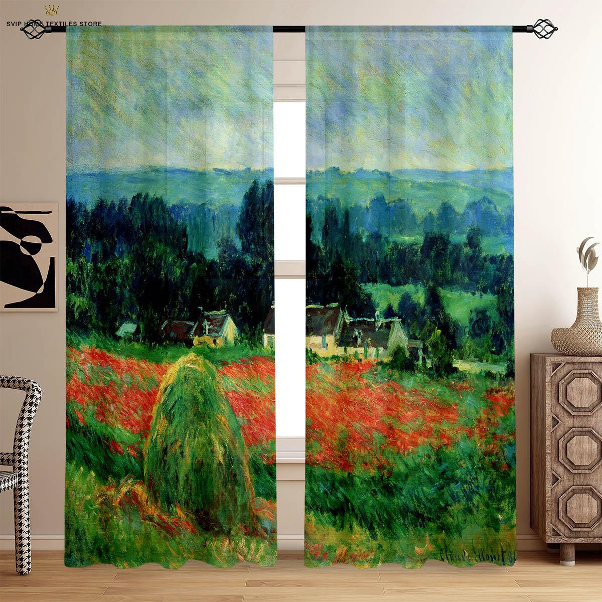 Закат Звездное Небо Пейзаж Масляная Живопись Печать ПечатьШторы Спальня Пространство Жилое Пространство Кабинет Общежитие ДекоративныеШторы W50X130H(CM)X2PCS&Rod pocket
