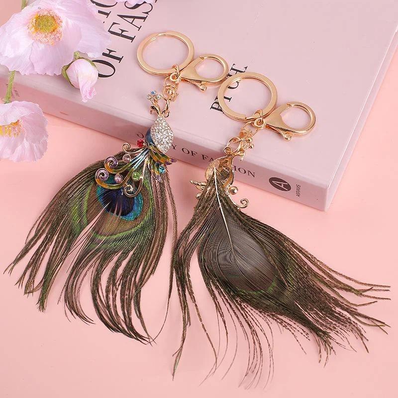 Porte-clés Plume de Paon Strass Brillant Fermoir Anti-rouille Pendentif Mode pour Sac Décoration de Clé de Voiture Portable pour Filles