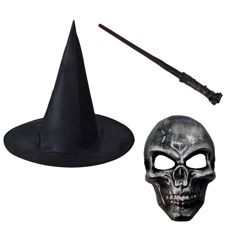 

3 шт. Новый Хэллоуин Ведьминская шляпа, Маска для лица с черепом, Набор реквизита для костюма с волшебной палочкой, Карнавальная костюмированная вечеринка average size
