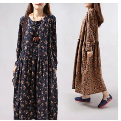 Spring Women's Cotton and Linen Floral Long Sleeved Dress