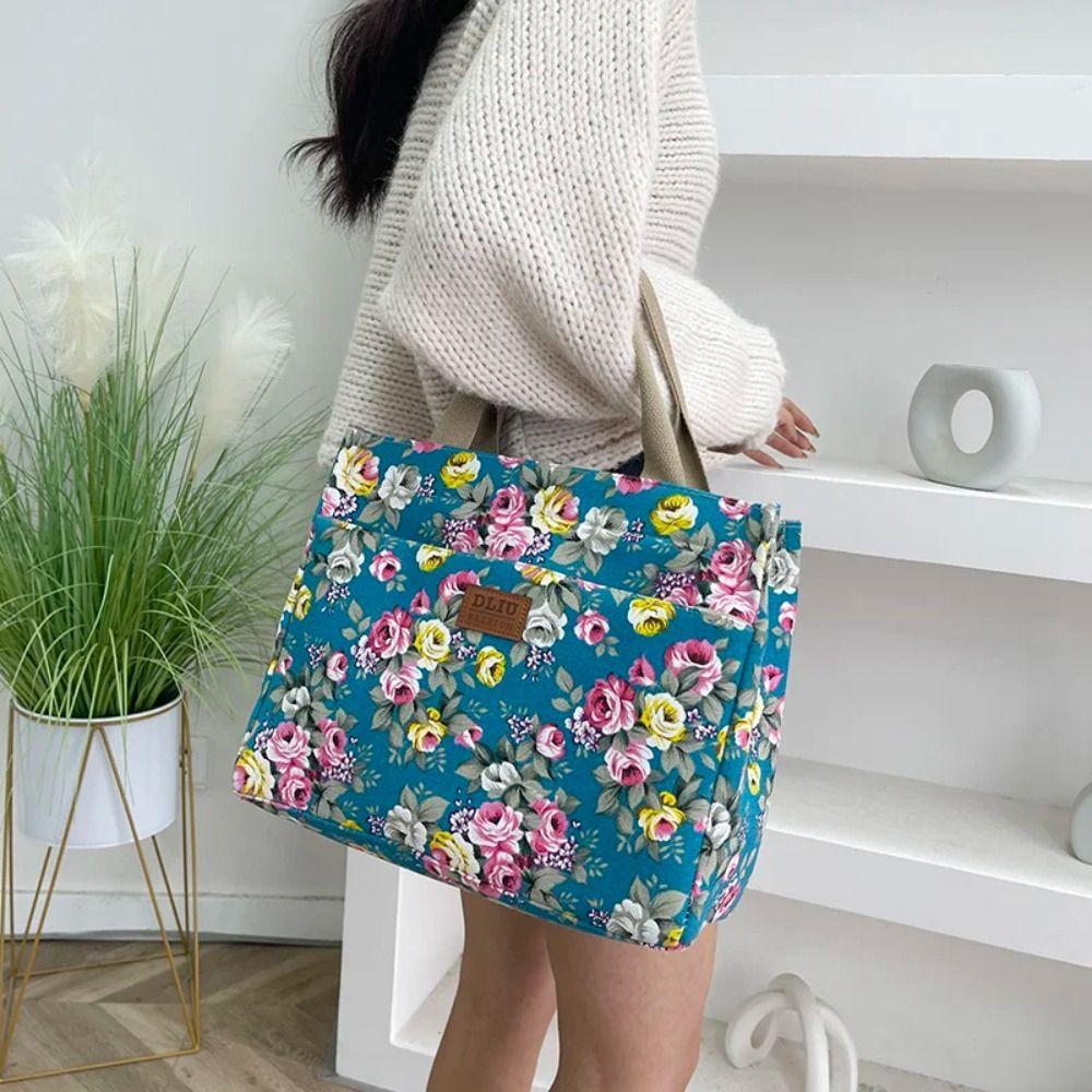 New Fashion Floral Print Tote Bag Portable Large Capacity Canvas Lunch Bag Women Mommy Bag Casual Handbag