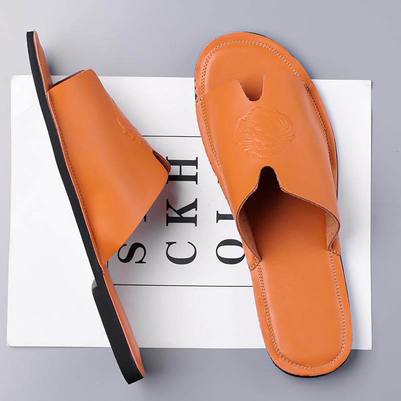 

Men Black Leather Slippers Handmade Simple Flats Summer Orange Roman Sandals Open Toe Beach Shoes Plus Size EU:48 помаранчевий