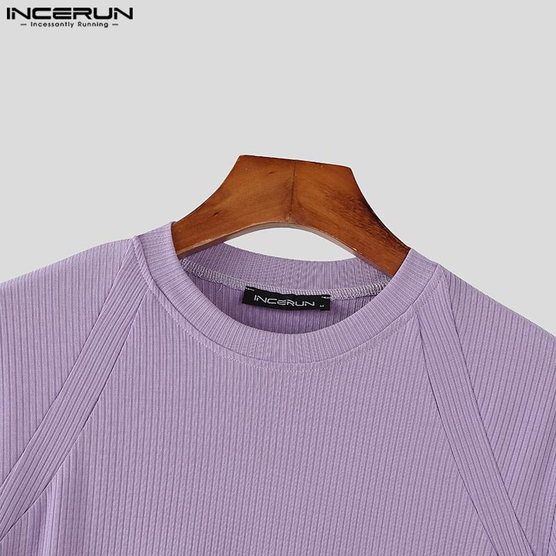 INCERUN Summer Men O Neck Short Sleeve Rib Casual Fitted T-shirts Tee Tops
