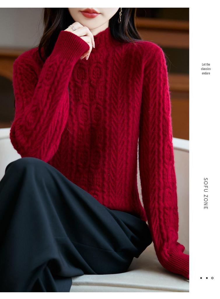 Women's Heavyweight Thickened Wool Sweater - Half-High Neck Cable Knit Autumn Winter Warm Loose Fit Knitwear, 100% Wool.